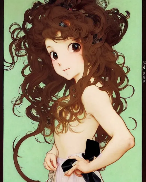 Image similar to A cute painting of a very very beautiful anime skinny squirrel-girl with curly brown colored hair and squirrel ears on top of her head wearing a cute black dress with small ribbon and black shoes looking at the viewer, elegant, delicate, soft lines, higly detailed, smooth , pixiv art, ArtStation, artgem, art by alphonse mucha Gil Elvgren and Greg rutkowski, high quality, digital illustration, concept art, very long shot