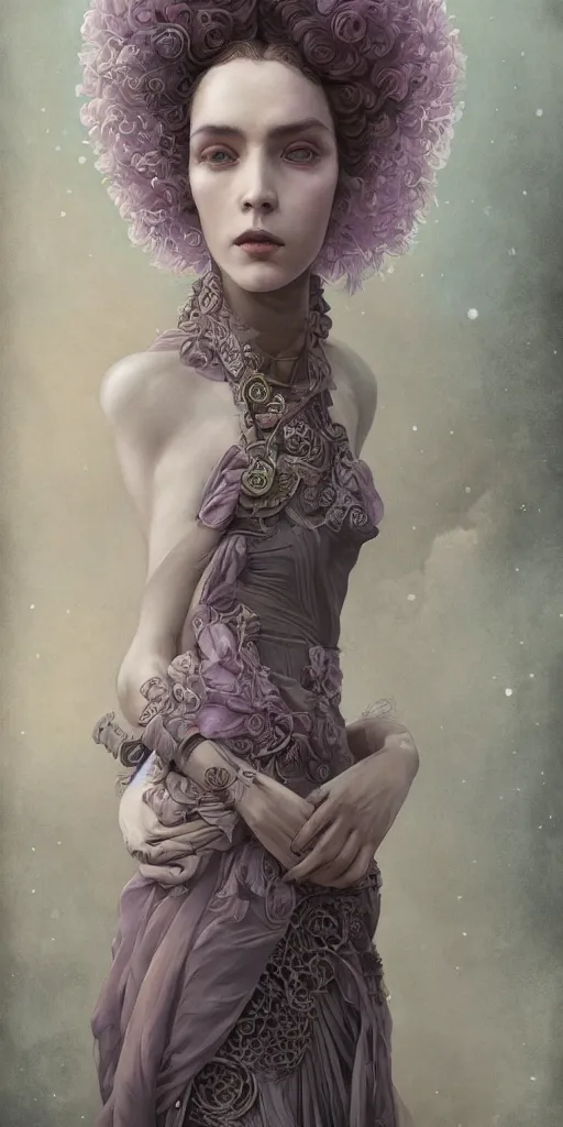 Image similar to a beautiful hyperrealistic solarpunk portrait pose of a stunning model in a striped mauve-and-soot dress, intricate, elegant, highly detailed, smooth, sharp focus, award-winning, masterpiece, in the style of Tom Bagshaw, Cedric Peyravernay, Peter Mohrbacher
