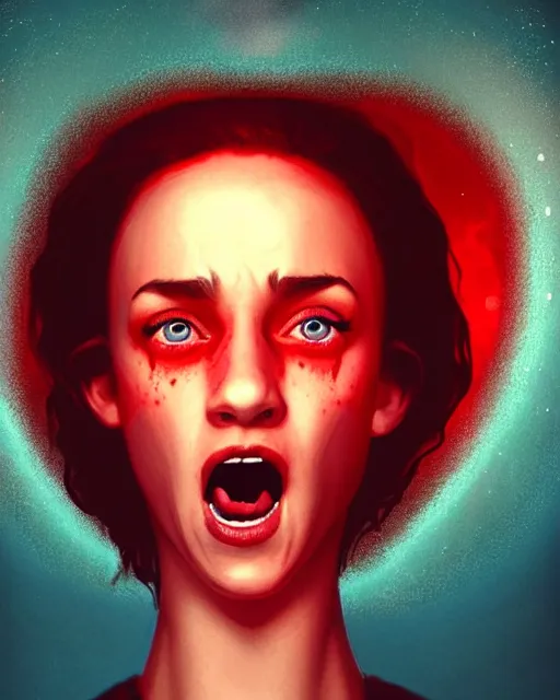 Prompt: beautiful Stella Maeve screaming in fear in a red cave, blue lighting deep in the cave, symmetrical face symmetrical eyes, red hair, portrait, Charlie Bowater character art, no long neck, cinematic lighting