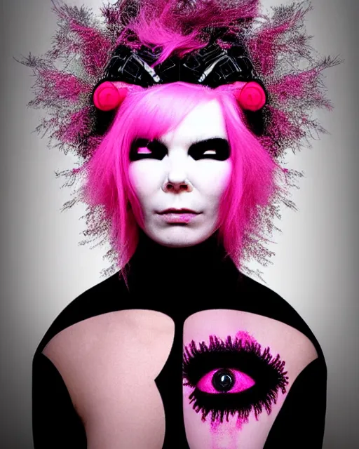 Prompt: symmetrical portrait of a woman face with pink frizzy hair, wearing a embroidered black mask by alexander mcqueen, bjork aesthetic, masterpiece, cyberpunk