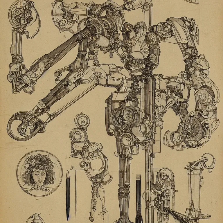 Prompt: detailed, intricate technical drawings on parchment from 1 8 4 0, with labels and notes, for a beautiful, symmetric, art deco robotic arm holding a paintbrush, a pencil, and scissors, by ron cobb and alphonse mucha