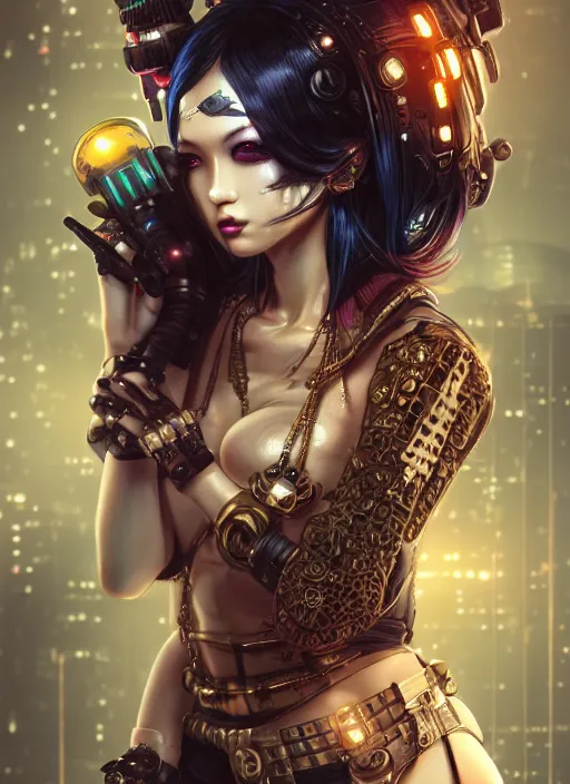 Image similar to soft lustrous ebony geisha seductive raver gutter punk steampunk cyborg, yakuza, golden ratio, details, scifi, fantasy, cyberpunk city, intricate, decadent, highly detailed, octane render, digital painting, artstation, concept art, sharp focus, illustration, art by artgerm, loish, wlop