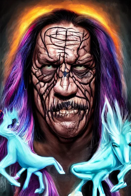 Prompt: danny trejo, full body, big two toned eyes, halloween, unicorns, intricate details, cinematic, epic, realistic, anatomy, lisa frank, uplight, artstation, photorealistic, scary