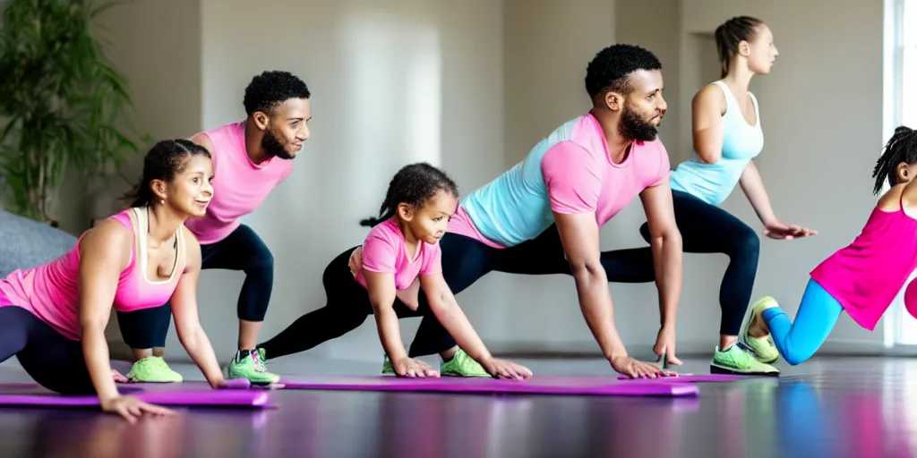 Image similar to a husband and wife exercising with four kids studying, award winning photo,