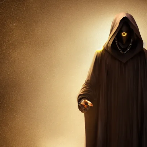 Image similar to a portrait of a man wearing a long dark cloak, hood and shadows covering face, holding golden chains, oil painting, Volumetric Golden dappled dynamic lighting, Highly Detailed, Cinematic Lighting, Unreal Engine, 8k, HD