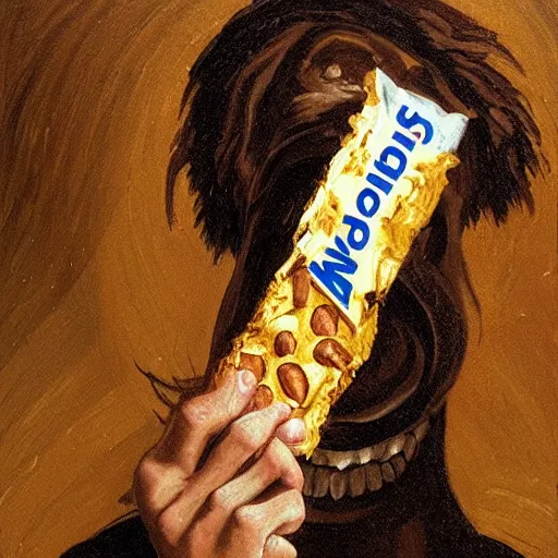 Image similar to saturn devouring a snickers chocolate bar, goya painting, in the style of goya and greg rutkowski, in the style of black paintings, 8 k, highly realistic