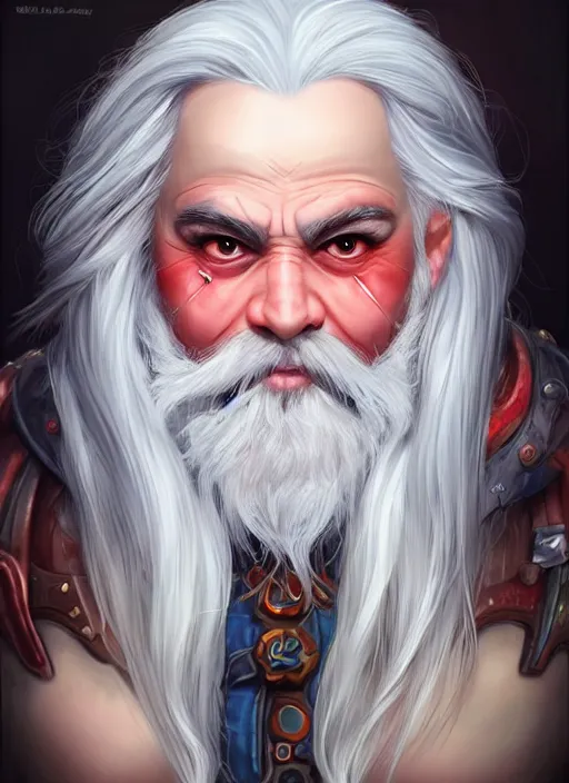 Prompt: dwarf with white hair, red iris, long beard, pale snow white skin, full body character portrait, colorful, highly detailed, digital art by artgerm