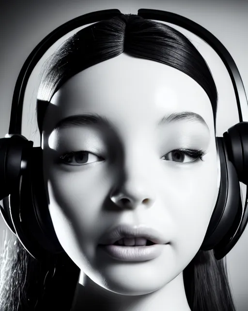 Prompt: black and white dreamy young beautiful female artificial intelligence with a futuristic headset, cinematic, rim light, bokeh, photo - realistic, elegant, high detail, 8 k, masterpiece, photo taken in 1 9 3 0