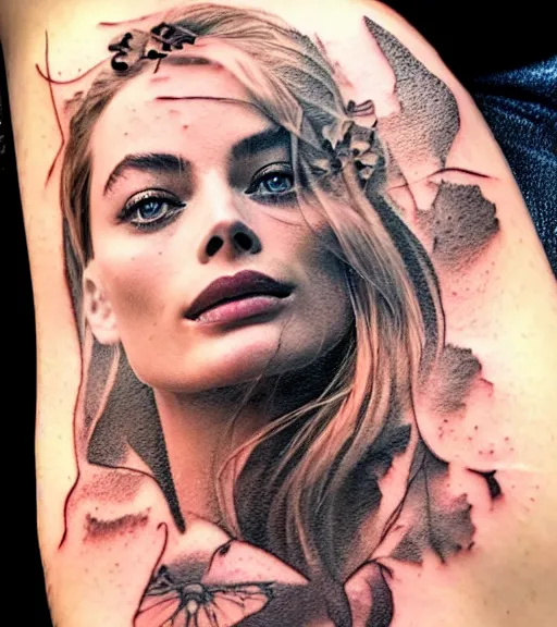 Image similar to tattoo design sketch double exposure of margot robbie with beautiful mountain scenery mash up, in the style of arlo dicristina, surrealist, amazing detail, sharp