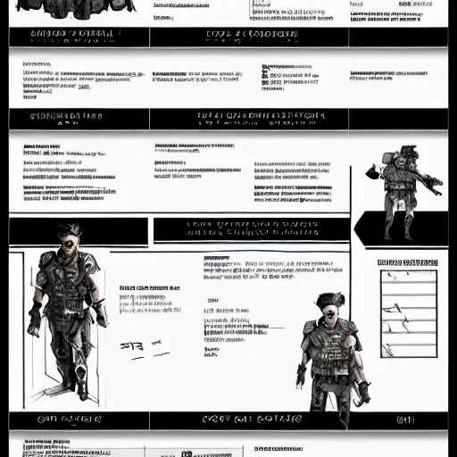 Image similar to ryan church jon mccoy concept art sketch cyberpunk solider black cloth character reference sheet