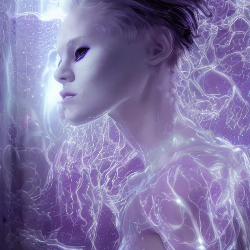 Prompt: albinowoman suspended weightless in water inside glass tank. wearing light purple complex hyperdetailed technical suit. white hair flowing. reflection. rays and dispersion of light. volumetric light. 5 0 mm, f / 3 2. noise film photo. ultra realistic, wide angle. wayne barlowe, hajime sorayama aaron horkey, craig mullins