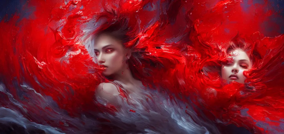 Image similar to 8 k art photography shot art shot, hyperrealistic, hyperdetailed, super detailed, uhd, uhd, 8 k, high resolution, a fallen angel in red fluid simulation, painting by ross tran and ivan aivazovsky