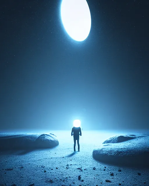 Image similar to a person standing in front of a glowy open door that's on a barren moon, poster art by mike winkelmann, trending on cg society, space art, sci - fi, ue 5, futuristic, volumetric lighting, light casting onto the ground, neat composition and camera angle