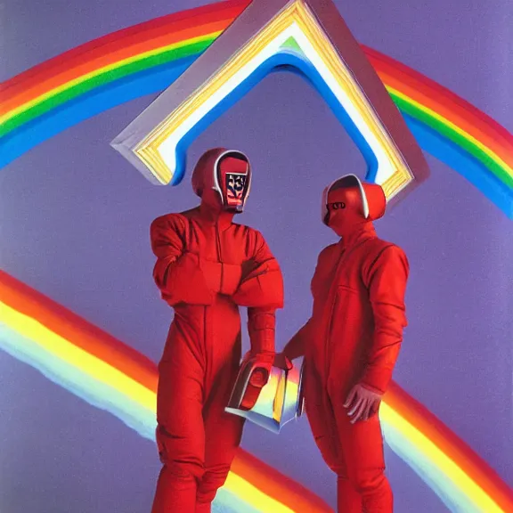 Prompt: the emperors of time wearing techno visors and red rick owens flight suits with their hands behind their backs inside the glowing geometric rainbow portal to the sixth dimension by frank frazetta