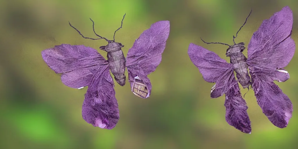Image similar to Humanoid moth with wings for arms large insect eyes no mouth no nose large antenna fuzzy purple, in a forest filled with fog looking back at the camera, hyper detailed