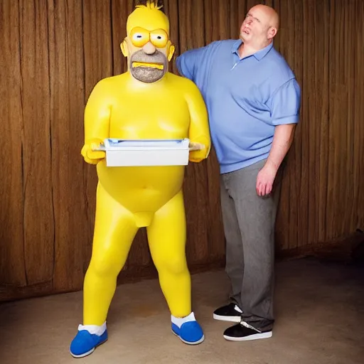 Prompt: celebrity photoshoot of a real life homer simpson, flash