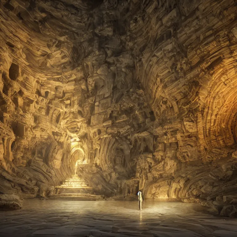 Prompt: octane render by lavinia fontana and naoto hattori and william henry hunt, a giant tall man wearing colorful shining metallic cult robes inside a neo - futuristic greek - revival temple built inside a huge massive cavernous cave, cinema 4 d, 8 k, volumetric lighting and shadows, unreal engine, cgsociety