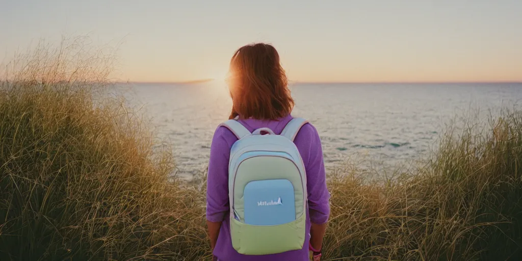 Prompt: photograph of a woman from the back standing by lake michigan wearing a backpack. pastel colors. kodak portra film!!. whirl bokeh!. mamiya 7. highly detailed. hq. photoreal. golden hour. lens flare. faded film. in - frame.