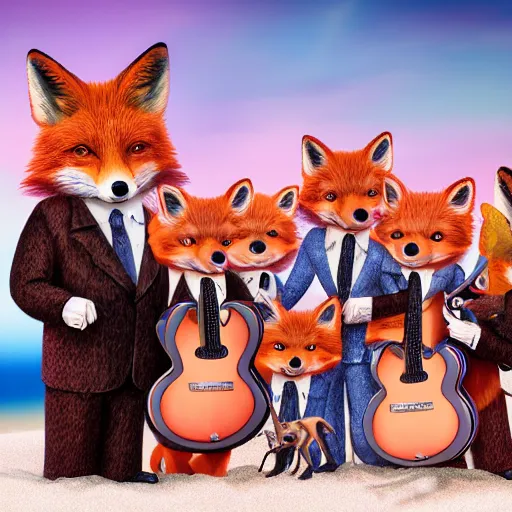 Image similar to music album cover, with foxes animals dressed in suits, holding guitars, on a beach, all looking at camera, studio lighting, 8 5 mm f / 1. 4