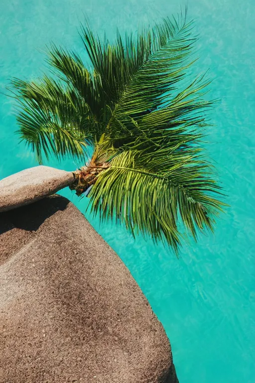 Prompt: photograph of palm leaning over crystal clear water