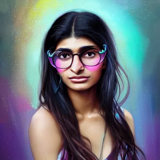 Image similar to dream portrait of Mia Khalifa, dreamy and ethereal, expressive pose, big pink eyes, exciting expression, fantasy, intricate, elegant, many rainbow bubbles, rose tones, highly detailed, digital painting, artstation, concept art,cyberpunk wearing, smooth, sharp focus, illustration, art by artgerm and greg rutkowskiand alphonse mucha,Salvador Dali.