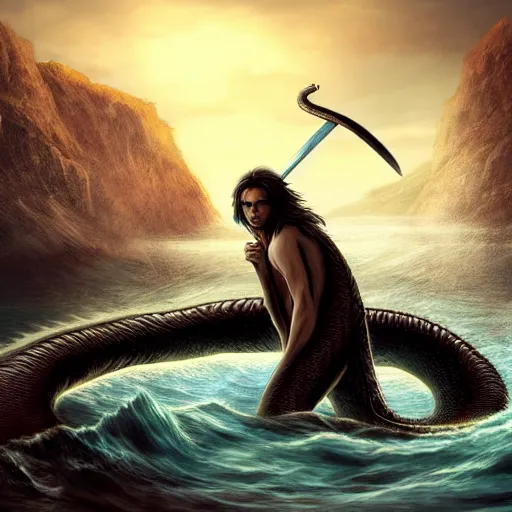 Image similar to a dramatic digital art of a teenage boy with long hair holding a sword while standing on the edge of a cliff over looking water, coming out of the water is a giant serpent water monster looming over the boy with it's mouth open, dramatic digital art, ambient lighting, art station winner, 8 k, very detailed