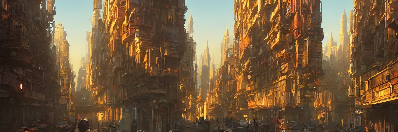 Image similar to an street level painting with high detail, ground level, sci - fi colorful victorian megacity at golden hour with sharp shadows by tyler edlin and sparth, 4 k, vray, art nouveau influences. roger deakins, cinematic cinematography.