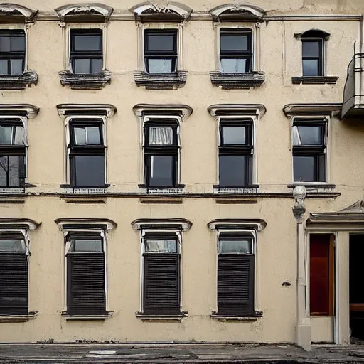 Prompt: façade of an elegant, slightly decaying three-storey 19th-century house with soft, smooth bulbous shapes protruding like wooden lava from the front door and lower windows, surreal, installation art reimagined by industrial light and magic