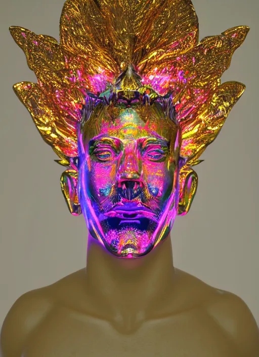 Prompt: photo of baroque and bladerunner delicate neon emerald sculpture of seductive prince nick jonas tigers orange iridescent humanoid deity wearing metallic jungle leaves holding the sun prismatic dungeon, glowing rainbow face, crown of white diamonds, cinematic lighting, photorealistic, octane render 8 k depth of field 3 d
