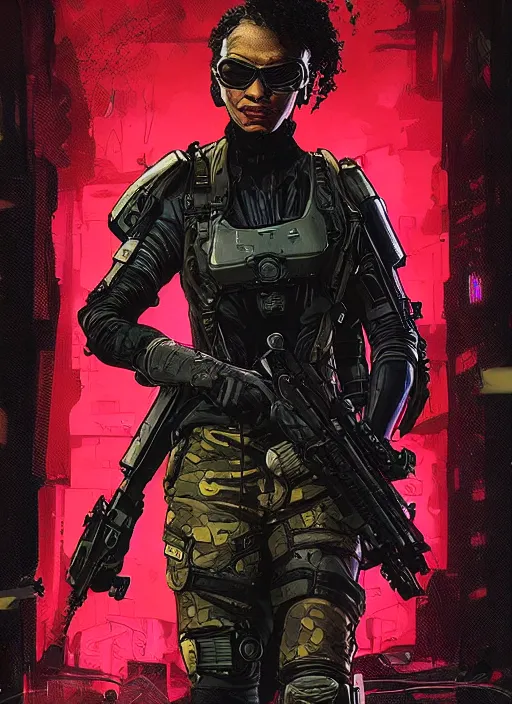 Image similar to cyberpunk blackops spy. night vision. selina igwe. portrait by ashley wood and alphonse mucha and laurie greasley and josan gonzalez and james gurney. spliner cell, apex legends, rb 6 s, hl 2, d & d, cyberpunk 2 0 7 7. realistic face. dystopian setting.