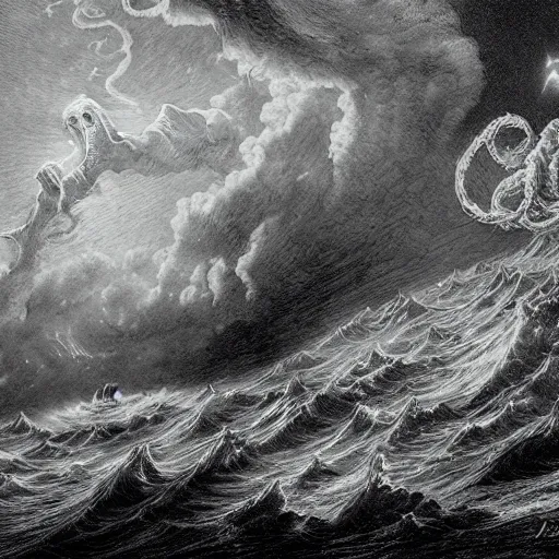 Image similar to a traditional portait of cthulhu, small town, night, soaring waves, clouds, illustration by Gustave Doré