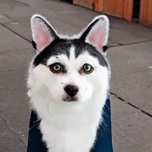 Image similar to a dog dressed like a cat