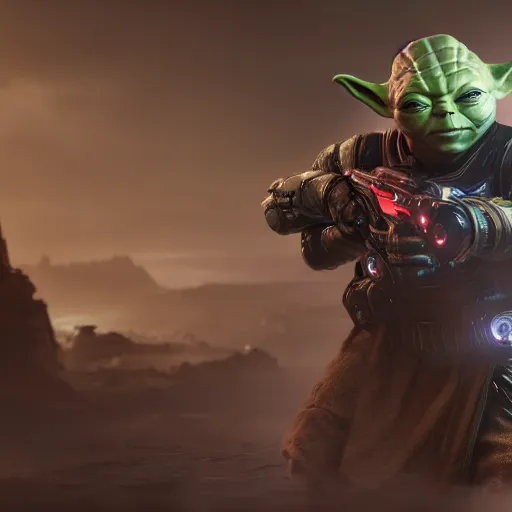 Image similar to yoda as ironman ironman in gears of war, splash art, movie still, cinematic lighting, dramatic, octane render, long lens, shallow depth of field, bokeh, anamorphic lens flare, 8 k, hyper detailed, 3 5 mm film grain