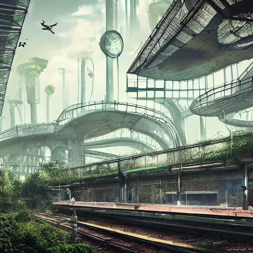 Prompt: lost beautiful overgrown city futuristic fantasy mixed with polluted industrial city airport and train station