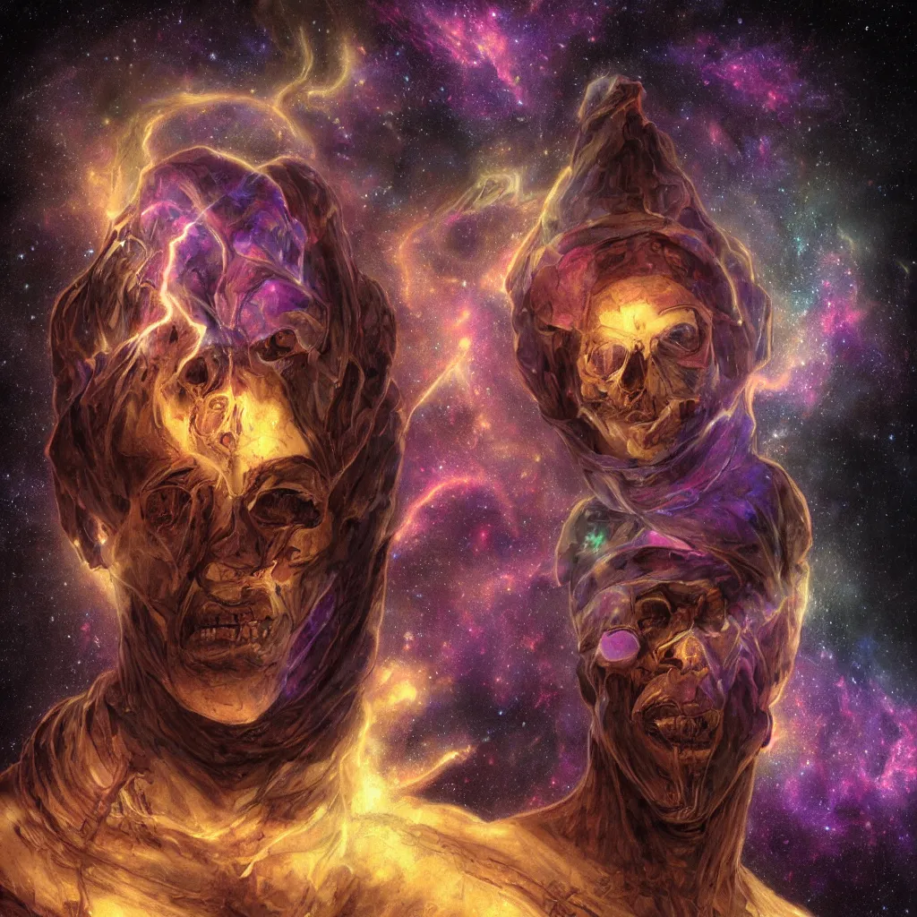 Image similar to intense glowing egyptian mummy god with ancient bandages and intense black eyes with a skull in very dark cosmic nebula by artgerm and beksinski and alphonse mucha, portrait, centered, symmetrical, clear, light beams, lens flare, intense, pharoah, uhd, amazing depth, cinematic lighting, black and purple and shining gold