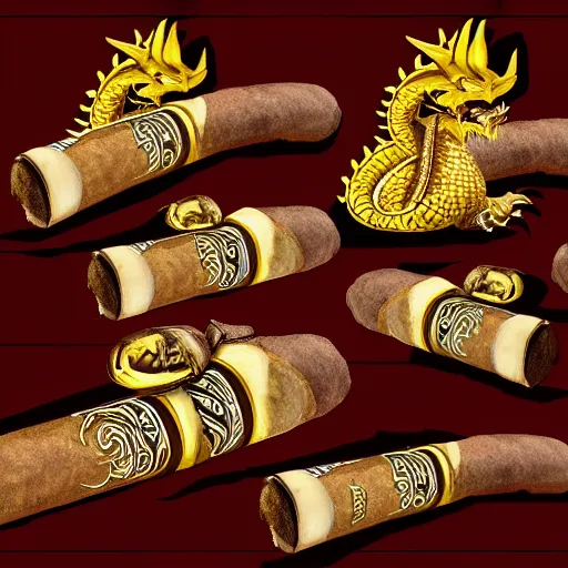 Image similar to digital art of the most rate and quality rich dragon themed cigar set you could ever obtain in a lucid dream, astonishing detail, award winning, fantastic composition, beautiful lighting