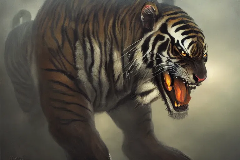 Image similar to A dark, brooding oil painting of a snarling tiger, establishing shot, high-quality, professional, dramatic lighting, extremely high detail, trending on artstation