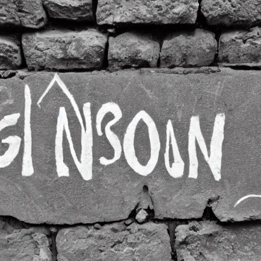 Prompt: inscription gm! on a stone wall in a poor area, black and white