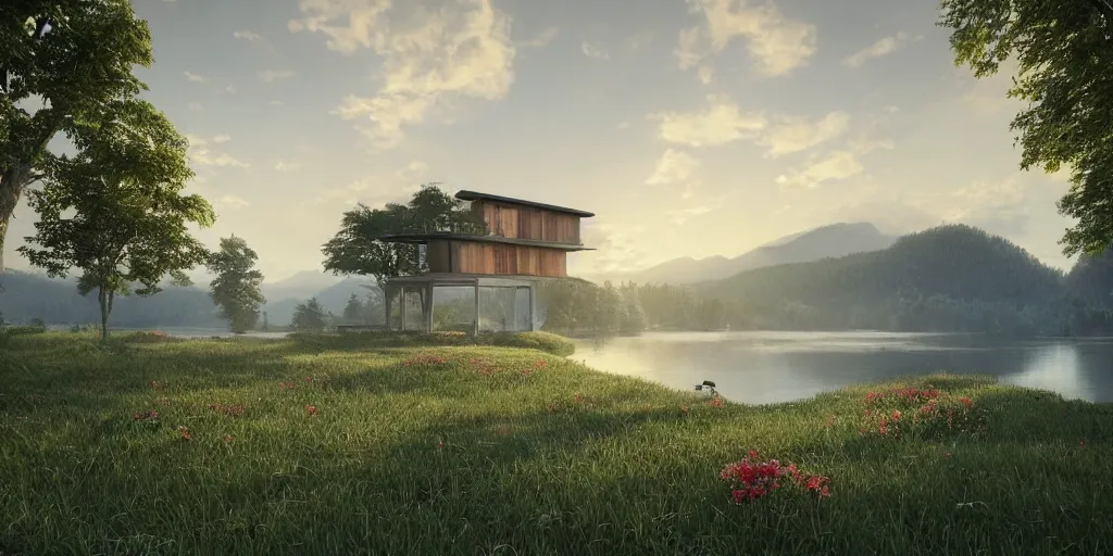 Image similar to a serene landscape with a singular building near a lake at sunrise, forest, mountains, clouds in the sky, concept art, octane render, unreal engine 5, trending on DeviantArt, highly detailed, high quality, 4K, low contrast, path traced, godrays, bloom, Ferdinand Knab, beautiful landscape, red flowers, trending on Artstation, soft lighting, hyperrealistic, digital art