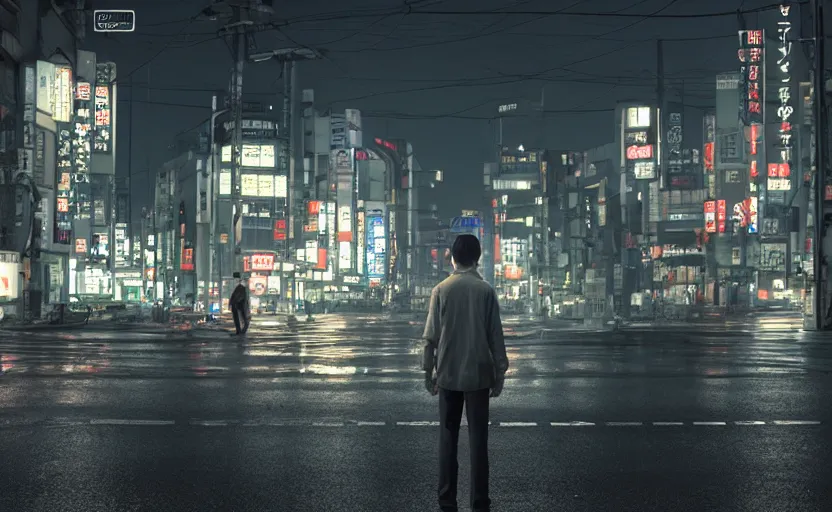 Image similar to a man standing in the middle of a tokyo street at night, a photorealistic painting by Gregory Crewdson, cgsociety, american scene painting, playstation 5 screenshot, matte painting, cryengine