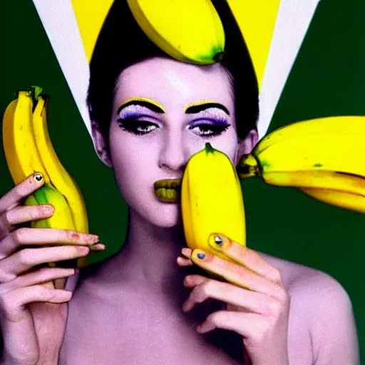 Image similar to a woman with green and yellow makeup holding bananas, a pop art painting by bert stern, trending on behance, pop art, pop art, surrealist, photoillustration