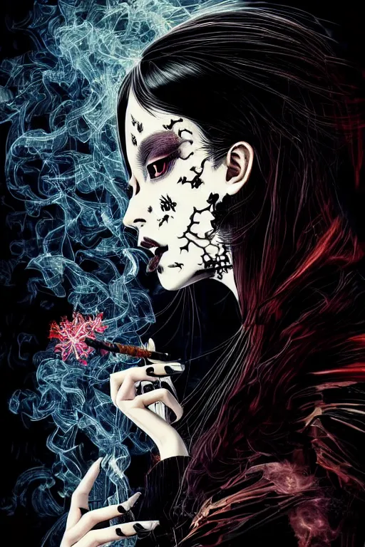 Image similar to Gothic girl smoking a fractal cigarette, dark background. digital art. amazing quality. perfect lighting. Professional design. Great composition. by Utagawa Kuniyoshi and Tomoyuki Yamasaki and Tsutomu Nihei, octane render, award winning art. impressive colors. trending on artstation. by Sam Spratt