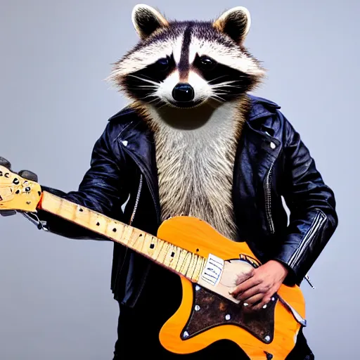 Prompt: a raccoon wearing a leather jacket playing electric guitar