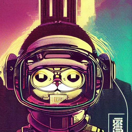 Image similar to Illustrated by Shepard Fairey and Moebius | Cyberpunk cute kitty with VR helmet, surrounded by cables