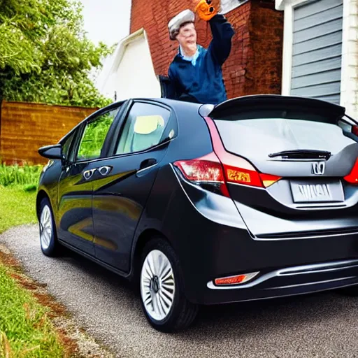 Image similar to baked beans man cleaning a honda jazz in the driveway overcast weather