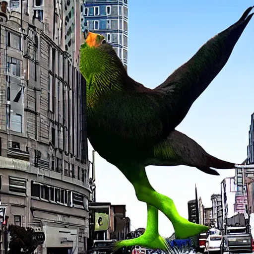 Prompt: giant kiwi bird destroying a city