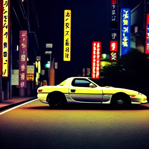 Image similar to a car Mazda RX7 in middle of road, gunma prefecture, night city, cinematic color, photorealistic, highly detailed