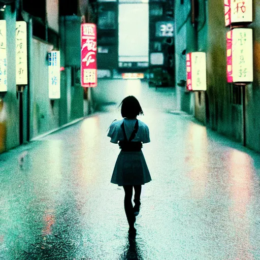 Image similar to 1990s perfect 8K HD professional cinematic photo of close-up japanese schoolgirl walking in dystopian alleyway with neon signs, at evening during rain, at instagram, Behance, Adobe Lightroom, with instagram filters, depth of field, taken with polaroid kodak portra