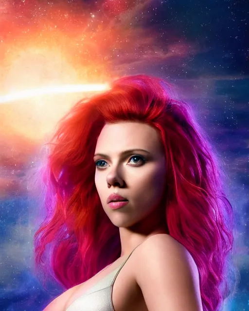 Image similar to scarlett johansson portraying a beautiful starfire, beautiful scarlett johansson starfire, movie, hyper realistic, hollywood promotional image, imax, 8 k