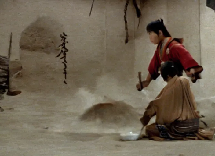 Image similar to a movie still of a samurai slicing through a loaf of bread by Akira Kurosawa